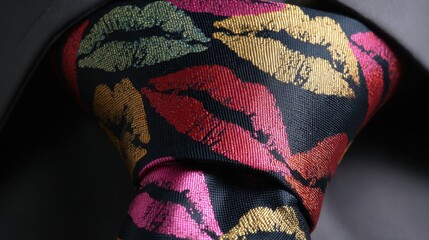 Colorful Lip Print Tie on Suit Showcasing Fun Fashion Statement