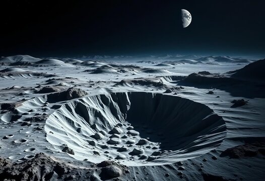 Vast, shadowed lunar crater landscape, dramatic lighting,  space exploration,  texture