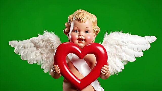 Cupid holding Heart - A cute cupid doll holds a red heart shape, with white wings and a white sash. The background is a vibrant green color.
