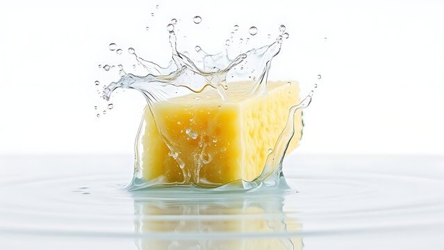 A water-soaked sponge expanding with reflective surface and droplets.