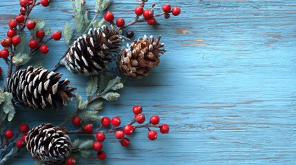 Winter Pinecones and Berries on Blue Wooden Background Display