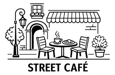 Fototapeta premium Black and white line art illustration of a street cafe depicting an outdoor dining area with coffee and pastry for urban life
