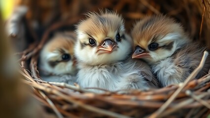 A fluffy fledgling bird in a nest, smaller than its siblings, with a soft-focus background.