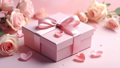 A pastel pink gift box with satin bow and hearts, surrounded by roses on a pink background