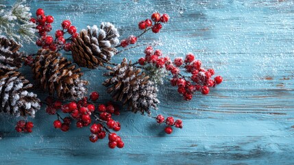 Winter Arrangement with Pine Cones and Red Berries on Blue Wood