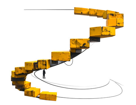 A spiral staircase of yellow blocks, dark background - Powered by Adobe