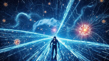 Person standing in futuristic energy field.