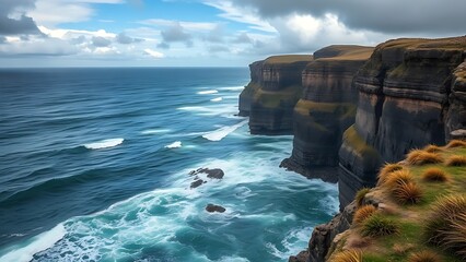 Rugged coastal cliffs meeting the turbulent sea under dramatic clouds.