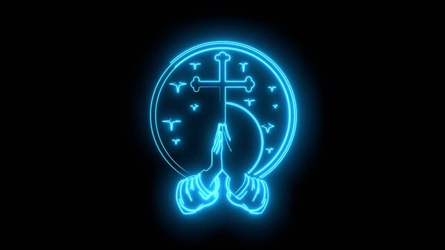 Christian cross with clasped hands and prayed for blessings from God. Prayer hands show faith and religion. Superstition and high power. Neon glowing.