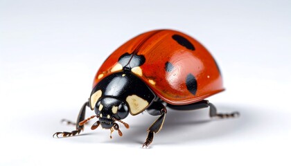 Close-up macro shot of a vibrant red ladybug with black spots on a clean white background, showcasing intricate details of its exoskeleton and antennae.