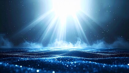 Abstract, ethereal scene with brilliant light streaming down onto a shimmering, wave-like plane