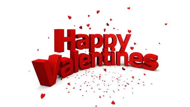 The phrase "Happy Valentine's Day" is presented in large, bold red 3D lettering, accompanied by numerous tiny red hearts scattering dynamically across a pure white background. - Powered by Adobe