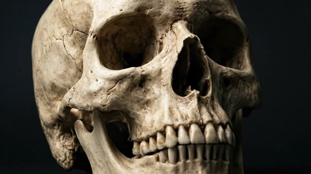 A meticulously detailed close-up shot of a human skull, presented against a deep, dark background. The camera slowly tracks or rotates, revealing the intricate bone structure, weathered textures, and 