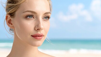 Close-up of fair-skinned woman with blonde hair, soft focus beach background