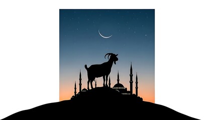 Silhouetted goat on a hilltop under a crescent moon with minarets and stars