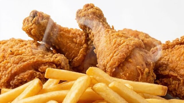 A mouth-watering close-up shot captures an enticing arrangement of crispy, golden-brown fried chicken pieces, visibly steaming to suggest freshness and warmth. Alongside, a generous serving of perfect