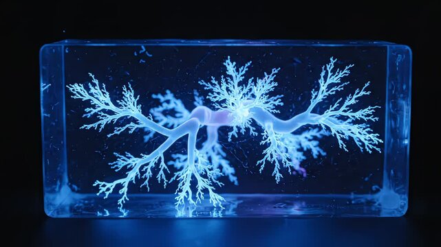 A glowing blue Lichtenberg figure resembling a neural network or synapse is captured inside a transparent rectangular block
