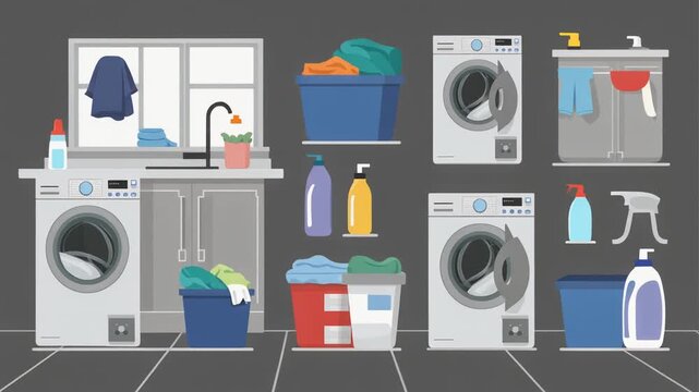 Laundry Room Interior with Washing Machines and Cleaning Supplies Illustration