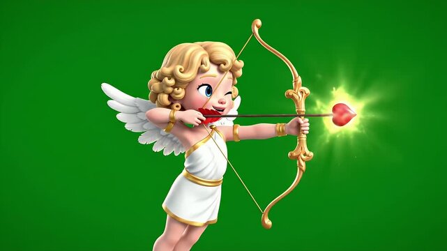 Cute Cupid Cartoon Character with Bow and Arrow - A whimsical cartoon illustration of a cupid character with blonde curly hair, wings, a white tunic, and a gold bow and arrow with a heart-shaped tip.