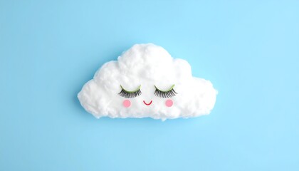Cute fluffy cloud with closed eyes and blush cheeks on a blue background.