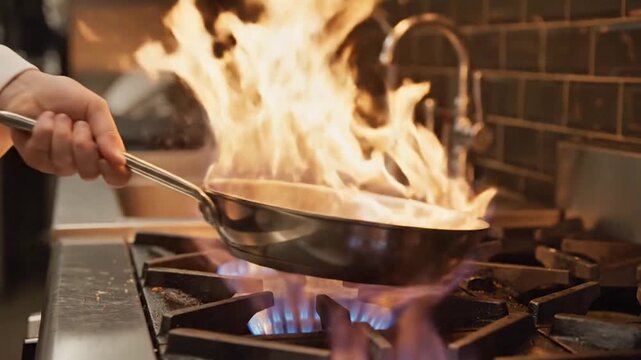 Chef Flambing in a Professional Kitchen, culinary arts concept