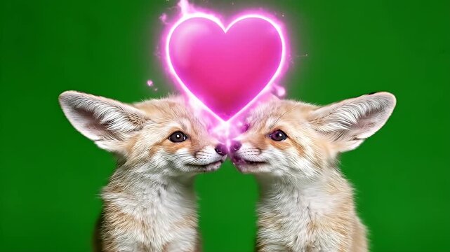 Fennec Foxes with Neon Heart - Two adorable fennec foxes face each other against a bright green background, with their noses touching.