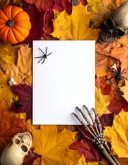 Autumn leaves surround a blank white paper square, with Halloween decorations like spiders, a pumpkin, and skeletons