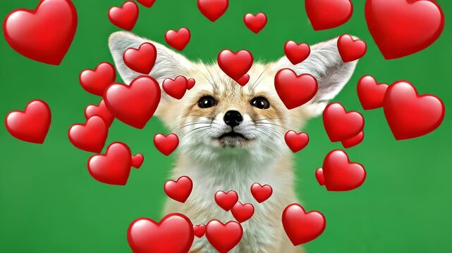 Fennec Fox with Heart Emoticons - A fennec fox is seen in the center of the frame, covered in red heart emoticons over its face.