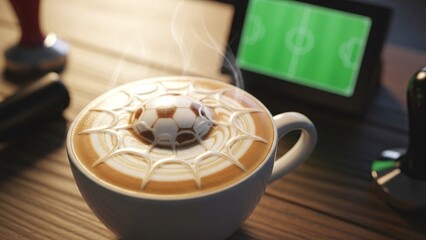 Coffee with soccer ball design on top of a wooden table