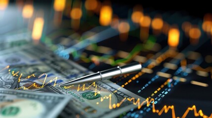 Stylized Financial Concept with Dollar Bills, a Silver Pen, and Stock Market Charts Displaying Fluctuating Data Trends