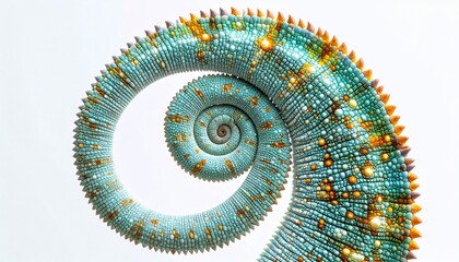 A close-up of a chameleon's patterned, spiraling tail against a bright white background