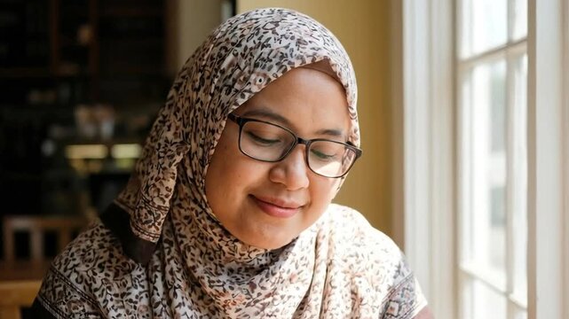 A peaceful and contemplative moment is captured in this close-up shot of an adult woman wearing glasses and a patterned head covering, looking downwards with a soft, content expression. Natural light 