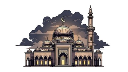Majestic islamic mosque with crescent moon and cloudy sky