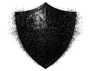 Digital shield icon filled with binary code, fragmented edges