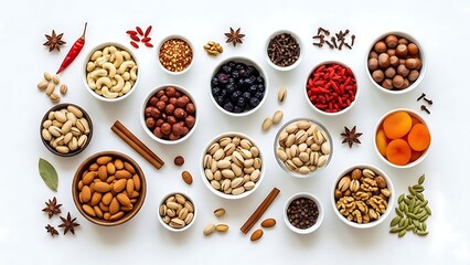 A variety of nuts, seeds, and spices arranged in bowls for culinary use