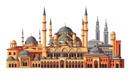 Illustrative depiction of a grand mosque with multiple minarets and ornate architectural details