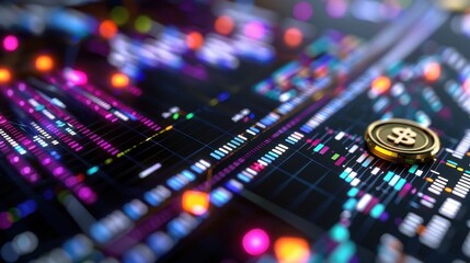 Colorful Abstract Data Visualization with Cryptocurrency Symbol and Vibrant Lights on Dark Background
