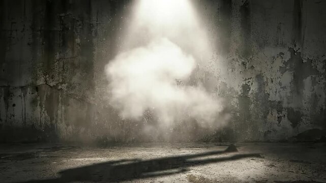 A powerful beam of light pierces through a dark, dusty, and grimy interior, dramatically illuminating a swirling cloud of particles and smoke. The textured concrete walls exhibit peeling paint and sig