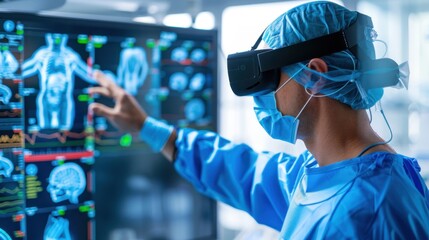 Surgeon Wearing Virtual Reality Headset Analyzing Medical Data in Modern Operating Room Setting