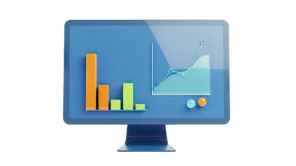 3D Isometric Computer Screen Displaying Financial Charts