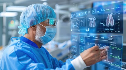 Medical Professional Analyzing Digital Health Data in Advanced Healthcare Facility with Surgical Equipment in Background
