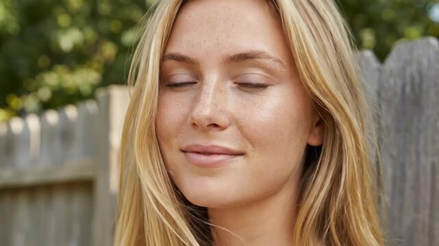A radiant young adult woman with striking blue eyes and natural freckles smiles genuinely at the camera in a vibrant, sunlit outdoor setting. Her blonde hair softly frames her face as natural light il