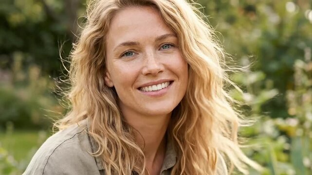 A radiant woman with long, wavy blonde hair and captivating blue eyes smiles warmly at the camera, conveying genuine happiness and positive energy. Her cheerful expression, accentuated by subtle freck