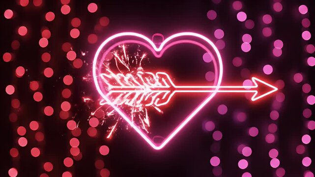 Neon Heart Arrow - A vibrant neon heart is pierced by an arrow, with bokeh lights. The left side has a sparkler effect emanating from behind the heart.