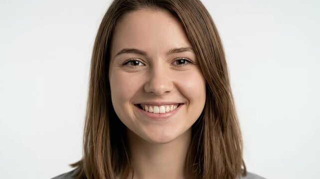 A radiant young adult woman with brown hair smiles genuinely and directly at the camera, exuding a cheerful and approachable demeanor. Her bright, authentic expression conveys happiness, confidence, a