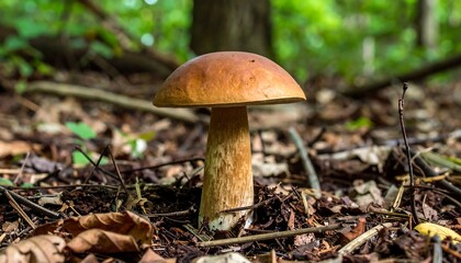 Close-up of a single mushroom with a rounded brown cap and sturdy, pale stem growing in forest detritus. Background is blurred