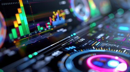 Futuristic Data Visualization Interface with Colorful Graphs and Dynamic Elements for Analytical Design