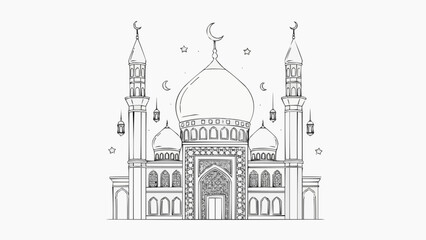 Obraz premium Ramadan Outline Illustration Set with Islamic Elements on White Background