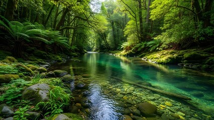 Fototapeta premium Crystal-clear river meanders through a dense, sun-drenched temperate rainforest, surrounded by lush moss and ferns, showcasing unspoiled natural beauty