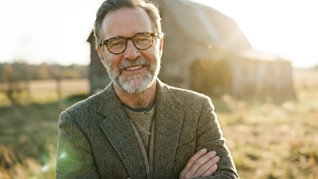 A senior man with a distinguished grey beard and classic eyeglasses stands confidently outdoors, smiling genuinely with his arms crossed. He radiates wisdom, contentment, and an approachable demeanor.